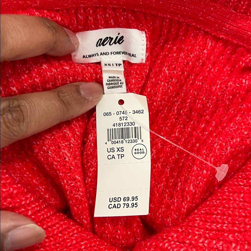 NWT aerie ($79.95Cad) OVERSIZED CozyUp Waffle Button Sweater in Bright Red - Picture 6 of 7